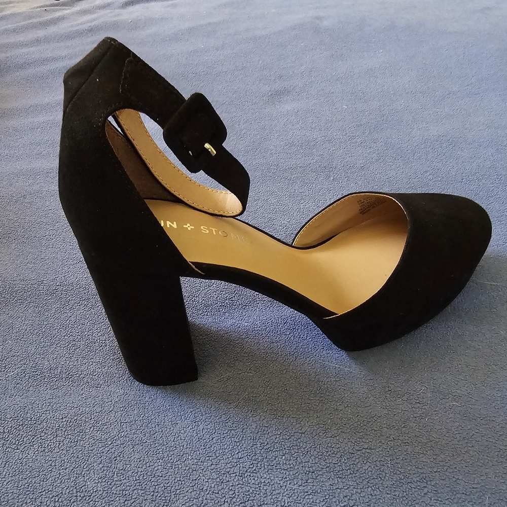 New Sun + Stone Black Suede Ankle-Strap Block Heels - Picture 6 of 6